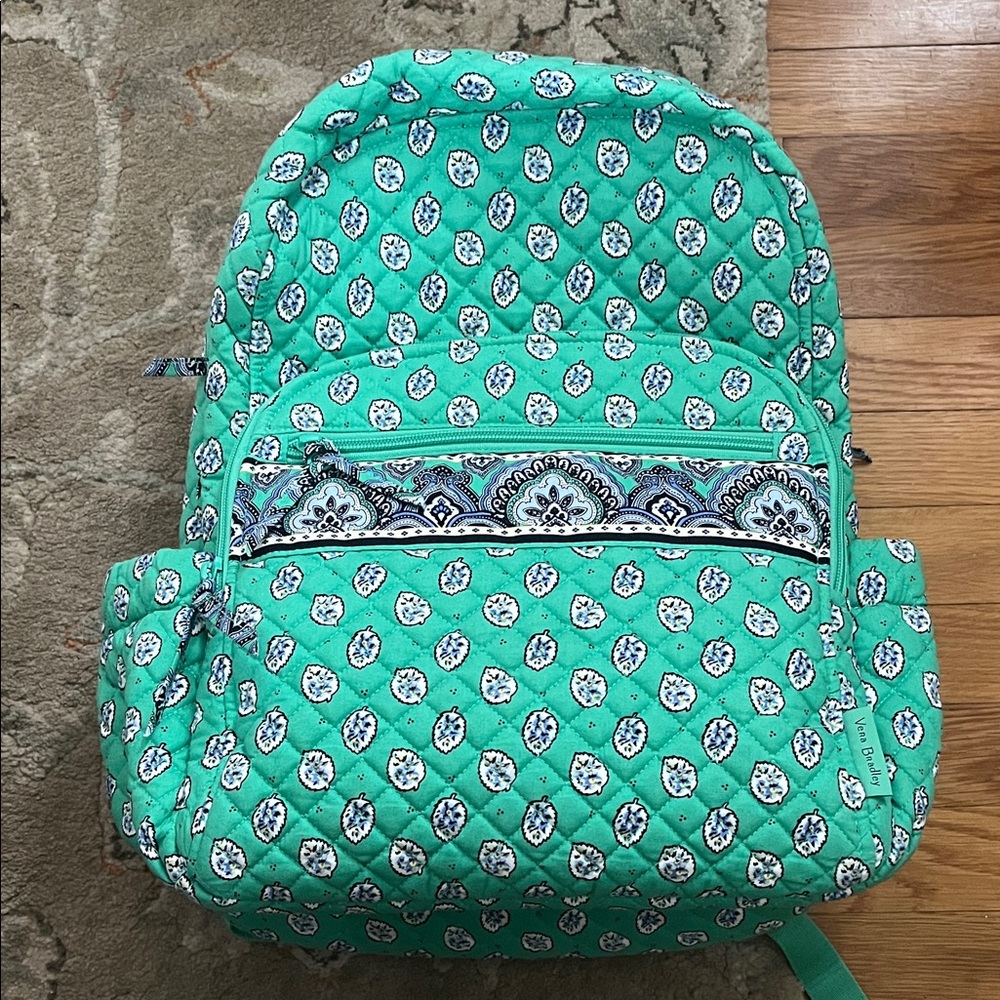 Vera Bradley Green and Blue (Garden Green Leaf Pattern) Patterned Backpack
